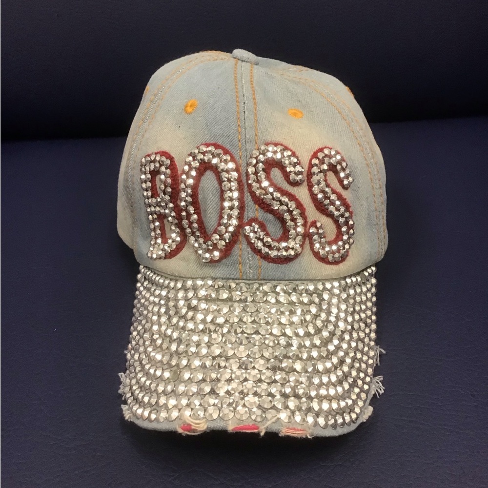Distressed denim and BLINGED BOSS hat for women - adjustable
